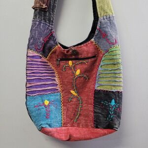 Kc Quilted Boho Patchwork Embroidered Hippie Crossbody Hobo Bag Multicolor